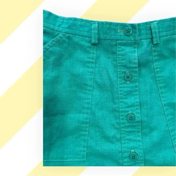 Vintage 1970's green cotton button front with pockets  A-line Skirt - Picture 3 of 9